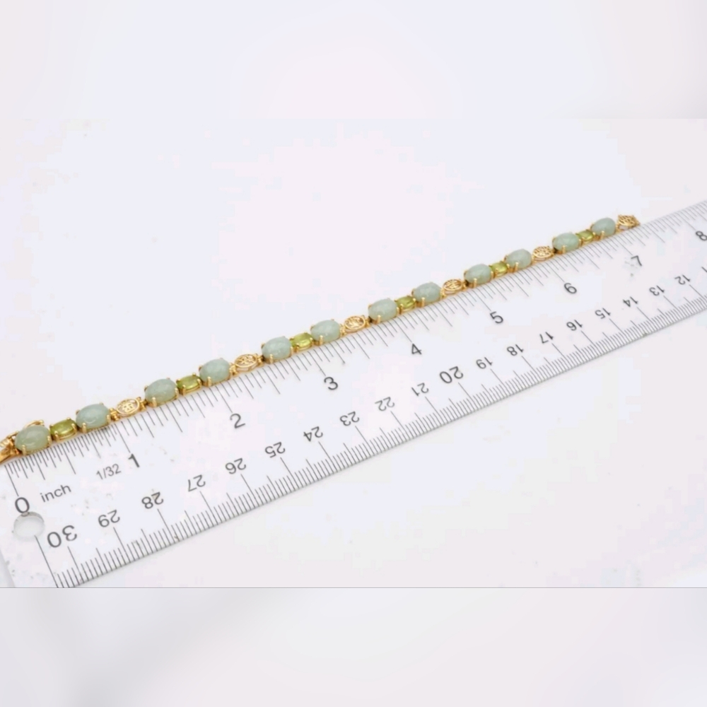 Vintage 14k Yellow Gold Jade & Peridot Chinese Character Tennis Bracelet 7.5 - Picture 6 of 9